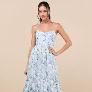Lulus Special Moment Light Blue Floral Strapless Bustier Maxi Dress - Size L